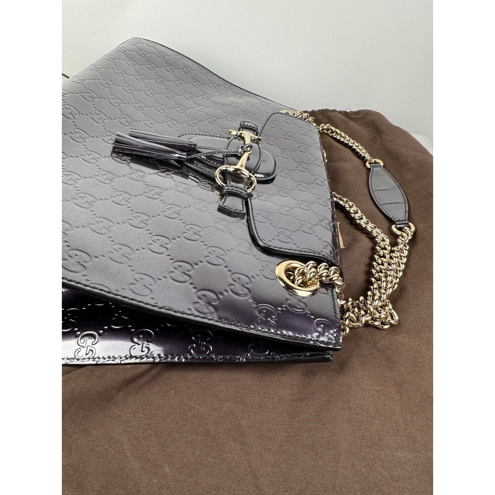 Gucci Emily Chain Flap Shoulder Bag Guccissima Purple Patent Leather Large - Picture 13 of 16
